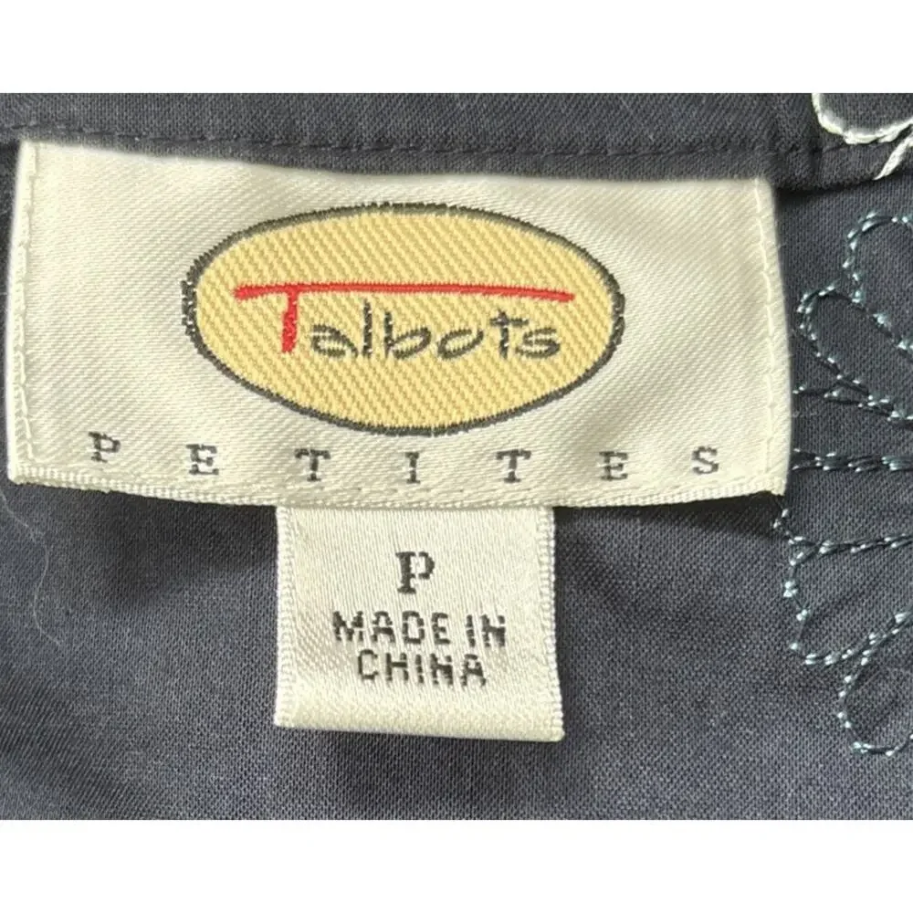 Talbots Petites Flower Embroidered Popover Blouse Size P/XS Navy Blue Cotton - Picture 5 of 7